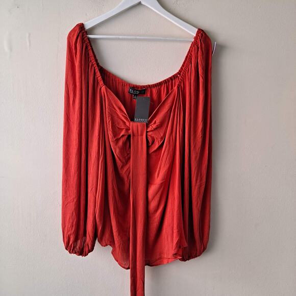 Eloquii Terracota Color Square Neck Top w 3/4 Puff Sleeve & Tie - Size 24 (NWT) - Picture 7 of 11